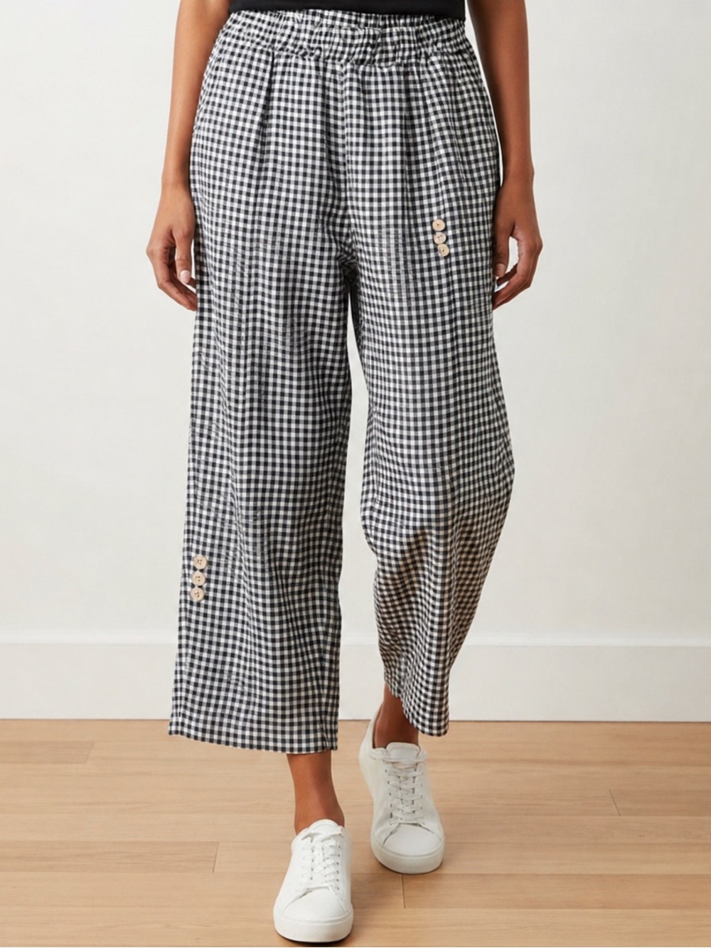 Made In Italy Linen Gingham Wide-Leg Cropped Pants - Black/White